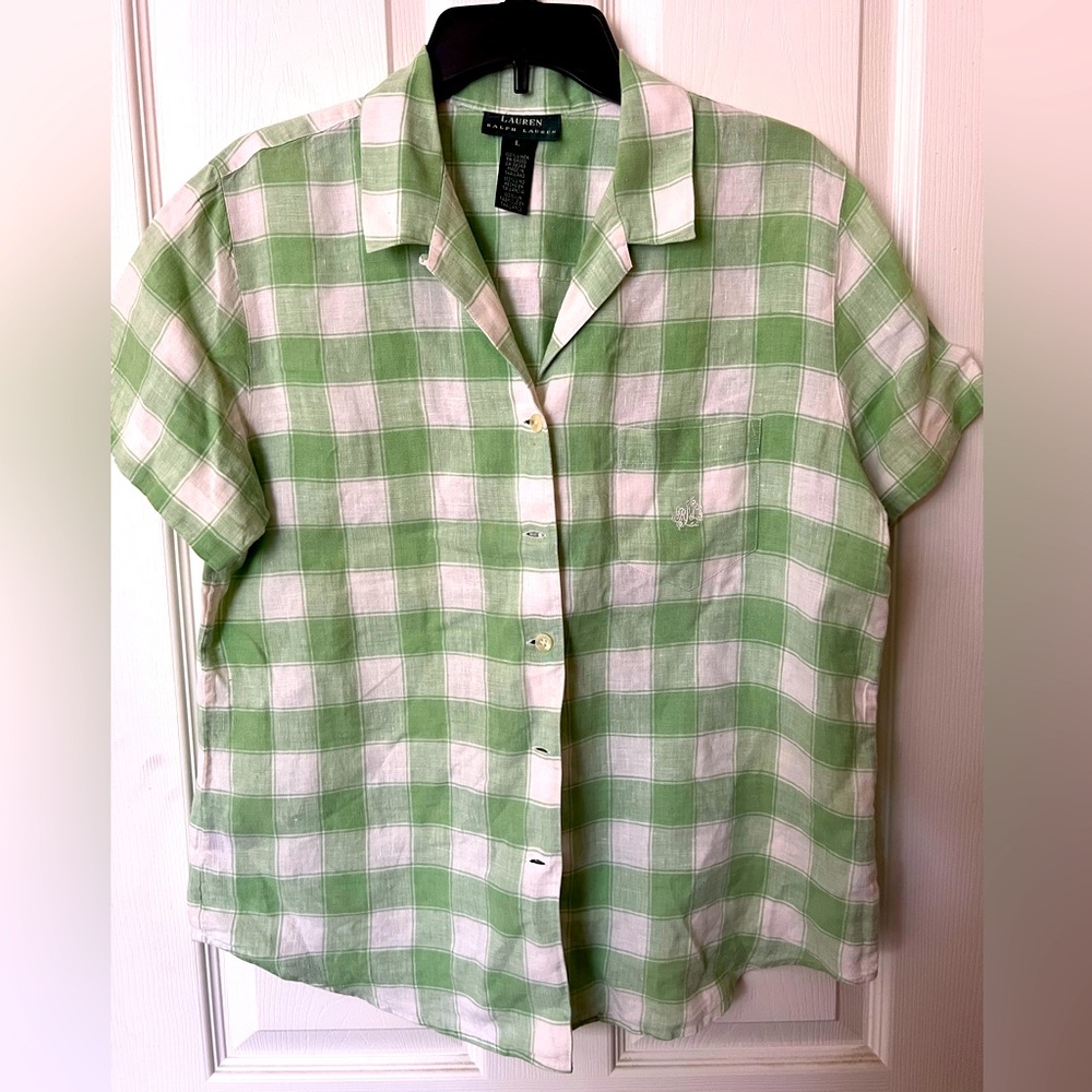 Lauren Ralph Lauren Check Plaid Green/White Linen Button Down Shirt Large